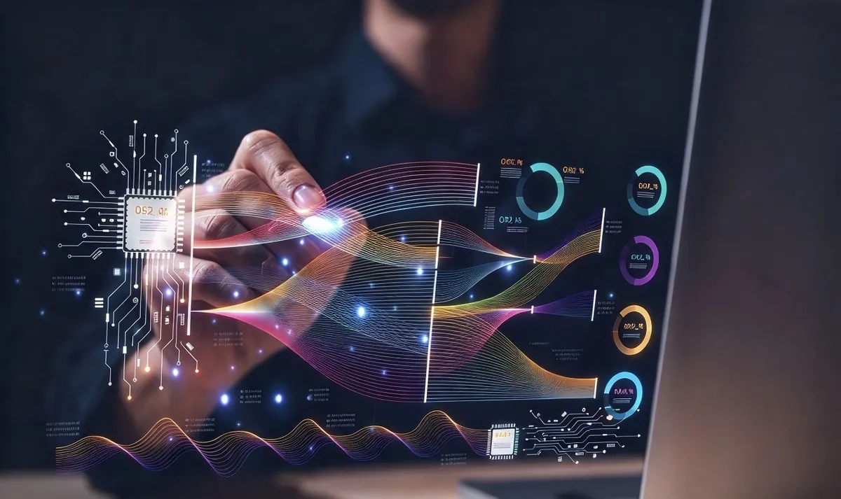 Mano trazando flujos de datos desde un chip